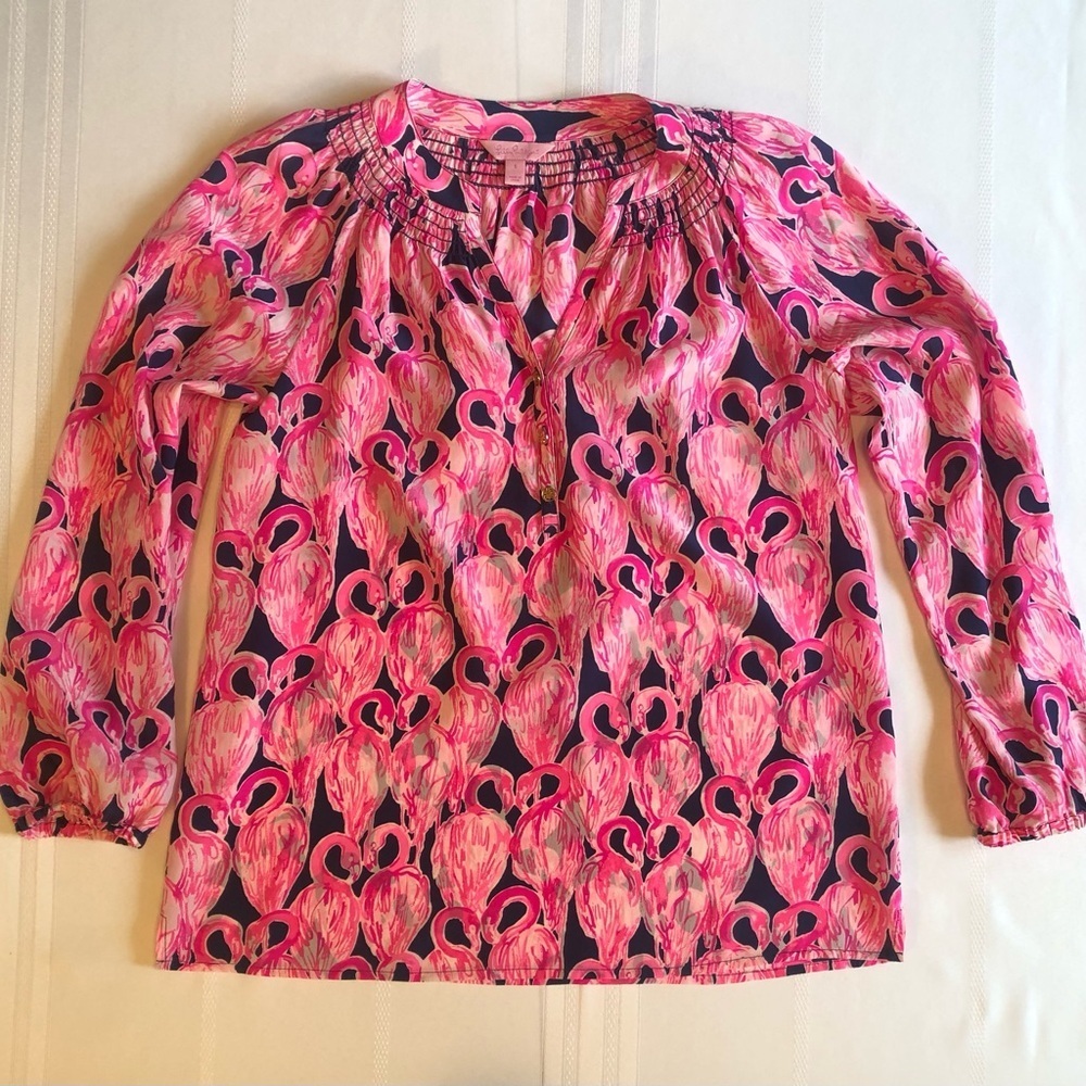 Lilly Pulitzer 100% Silk Pink & Black Long Sleeve Blouse w/ Mandarin Collar Sz S - Picture 3 of 10